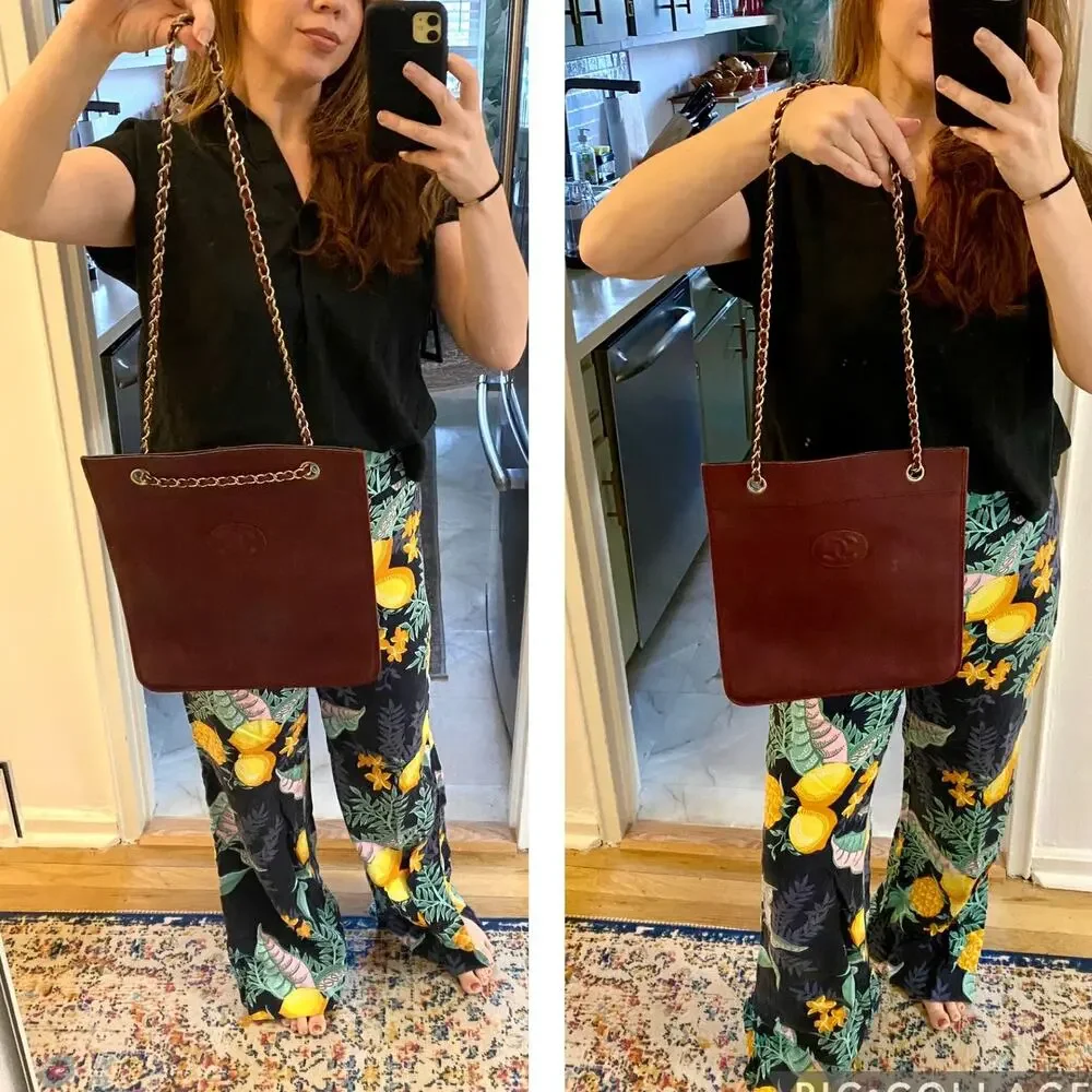 Chanel Burgundy Lambskin Leather Flat Tote Bag Large Classic CC Chain Vintage
